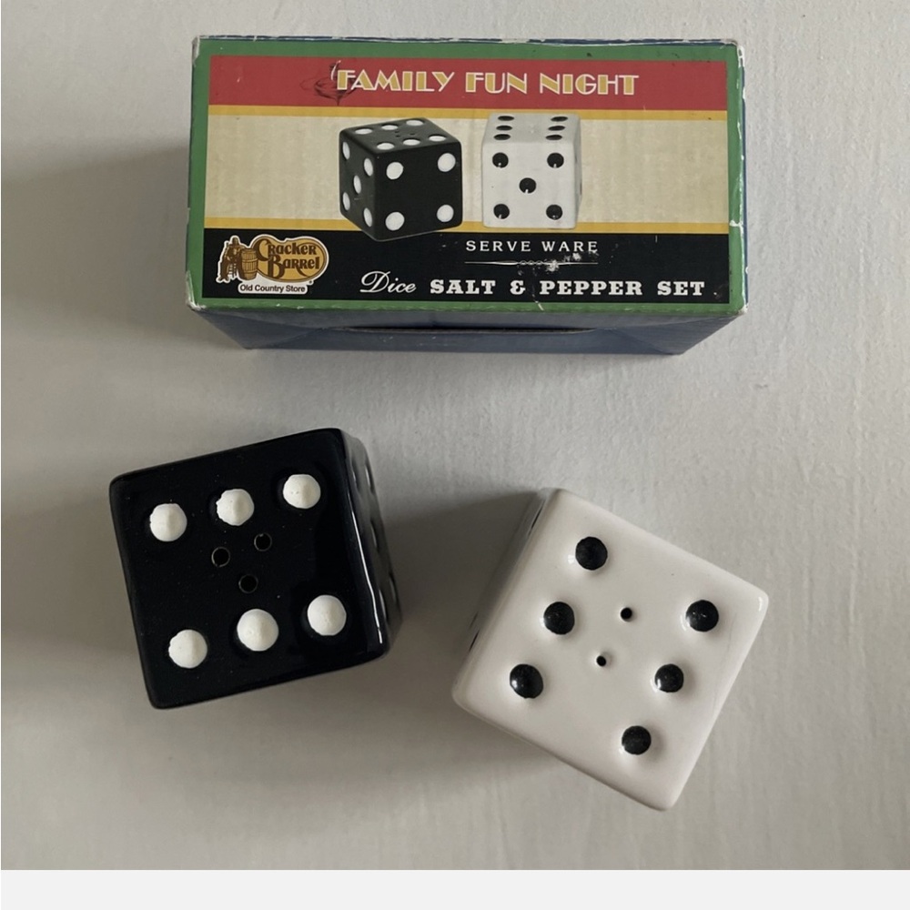 NEW SALT AND PEPPER SHAKER SET - BLACK WHITE DICE - CRACKER BARREL Original